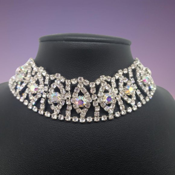 Vintage Iridescent Silver Cubic Zirconia Choker - Picture 1 of 12